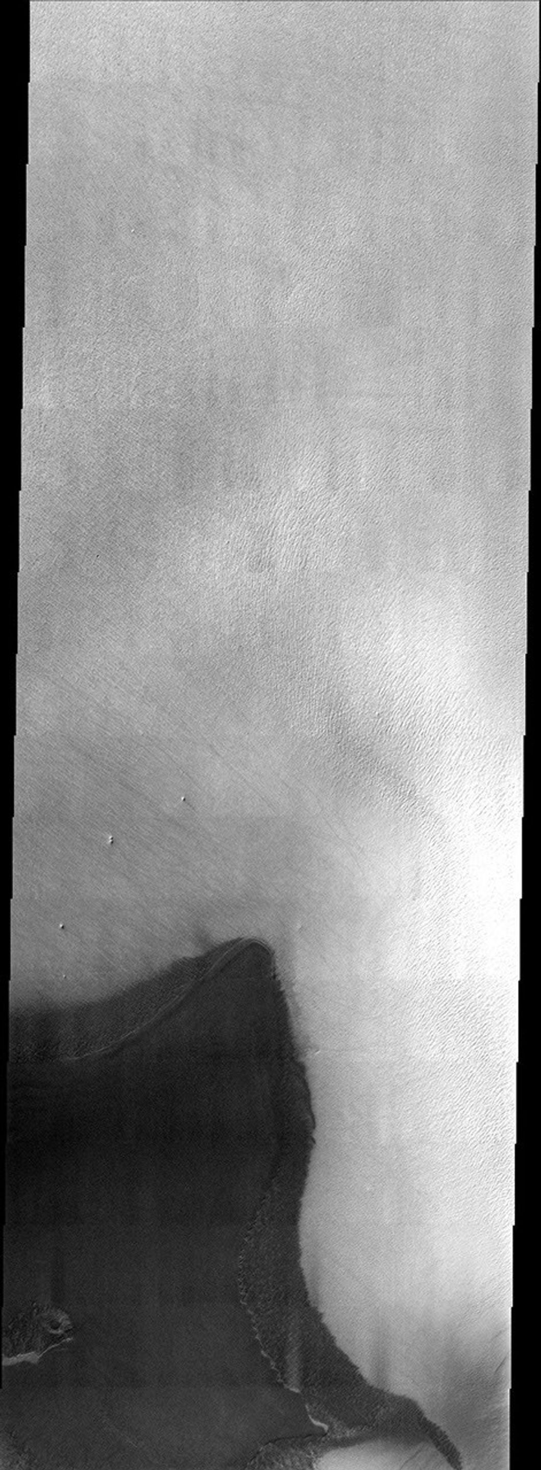 This image from NASA's Mars Odyssey spacecraft shows the region where NASA's Mars Polar Lander was set to land on December 3, 1999. Unfortunately, communications with the spacecraft were lost and never regained.