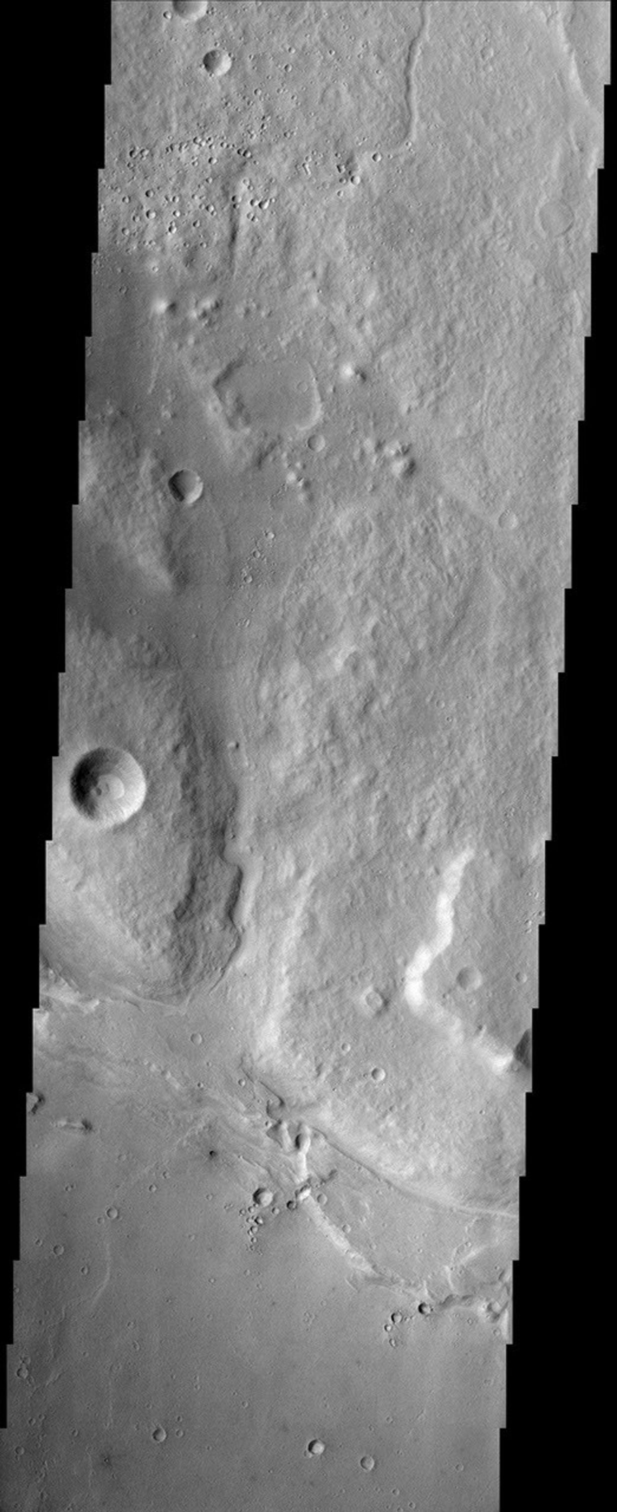 This image from NASA's Mars Odyssey covers a portion of Ares Valles, an outflow channel carved into the surface of Mars by ancient catastrophic floods.