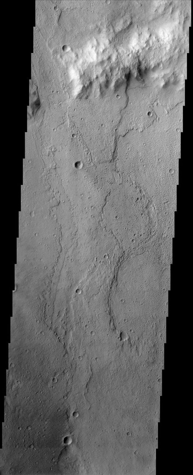 Palos Crater, seen in this NASA Mars Odyssey image, has been suggested as a future landing site for Mars missions because it may contain lake deposits. This crater has a channel called Tinto Vallis, which enters from the south.