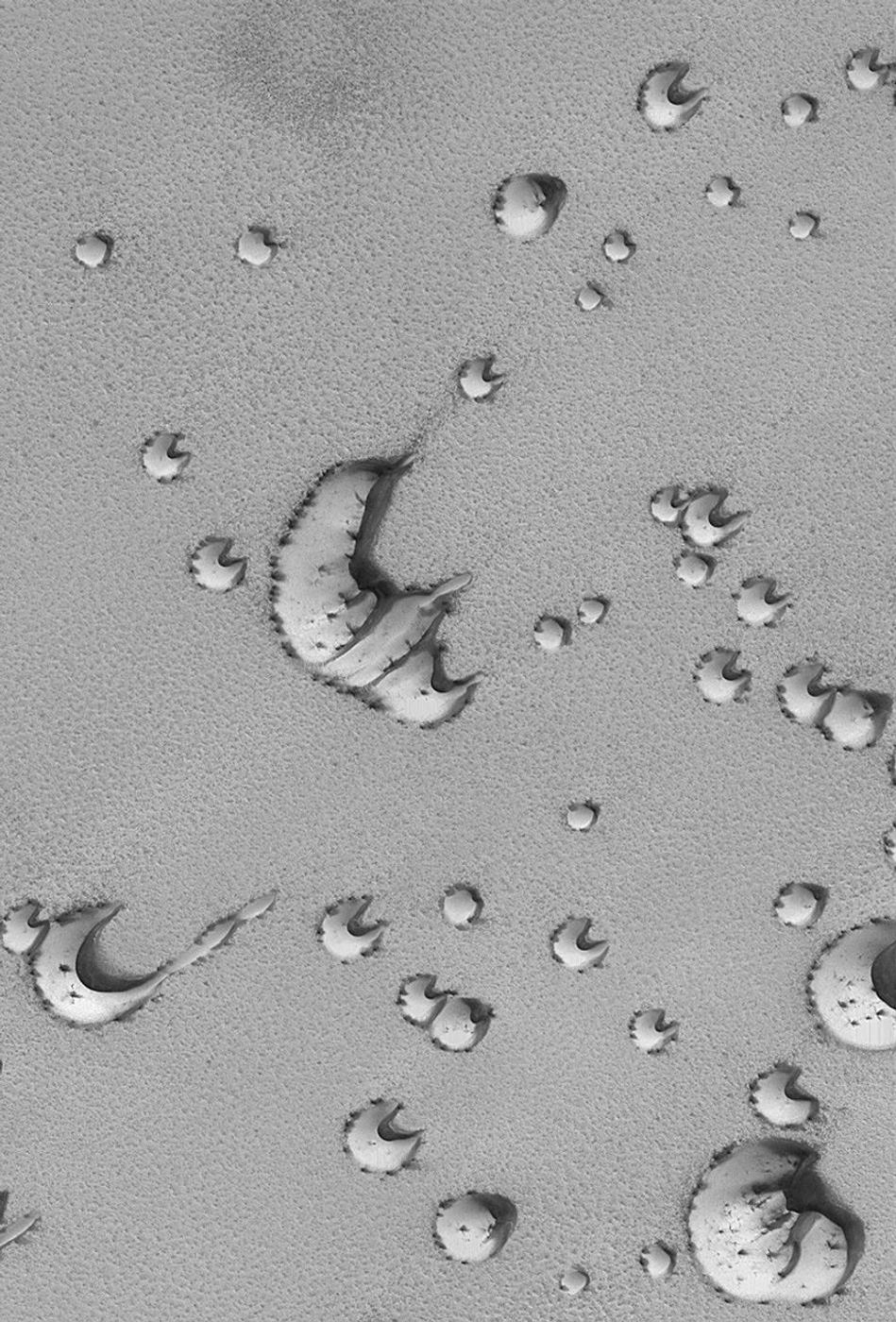 NASA's Mars Global Surveyor shows spots and streaks on Mars' north polar dunes resulting from the defrosting process.