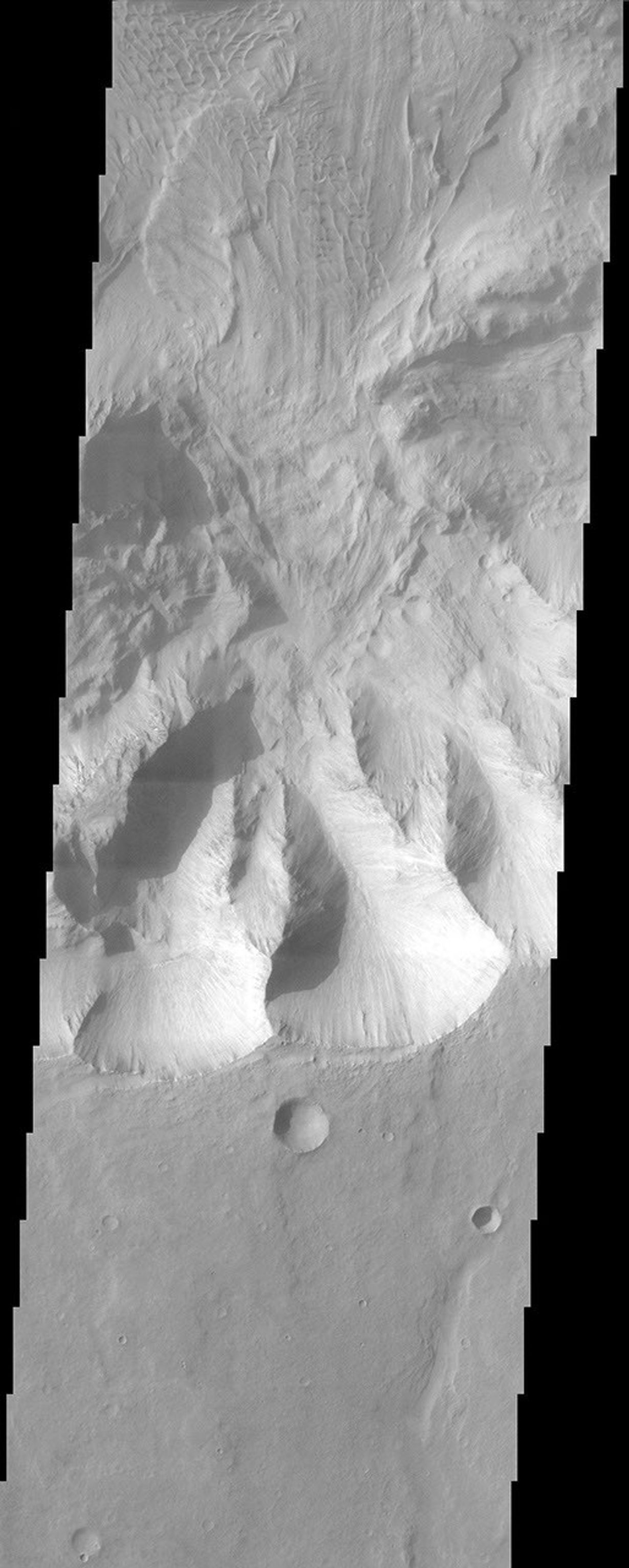 Coprates Chasma comprises the central portion of the Valles Marineris canyon system complex. This image from NASA's Mars Odyssey spacecraft of the southern wall of Coprates Chasma contains a landslide deposit with dunes over portions of slide.