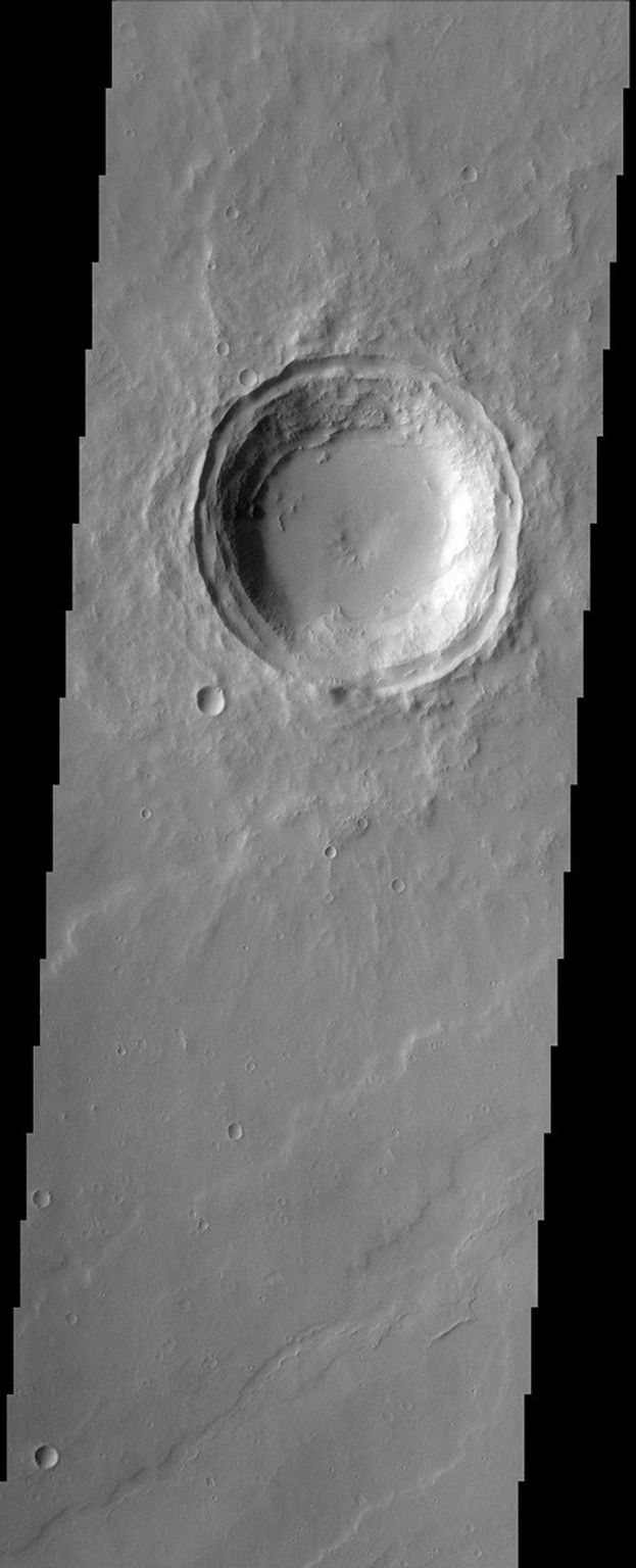 The relatively flat floor and terrace walls of this impact crater imaged by NASA's Mars Odyssey spacecraft suggest the crater was partly infilled with sediment and subsequently eroded to its present day form.