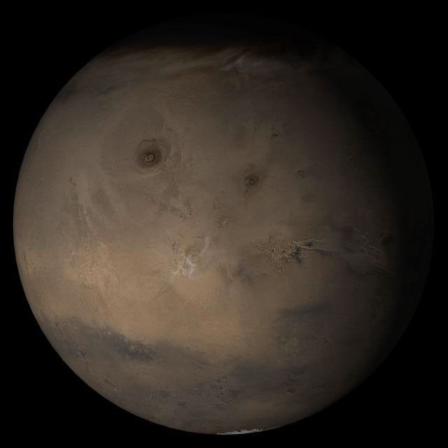 NASA's Mars Global Surveyor shows the Tharsis face of Mars in mid-August 2005.