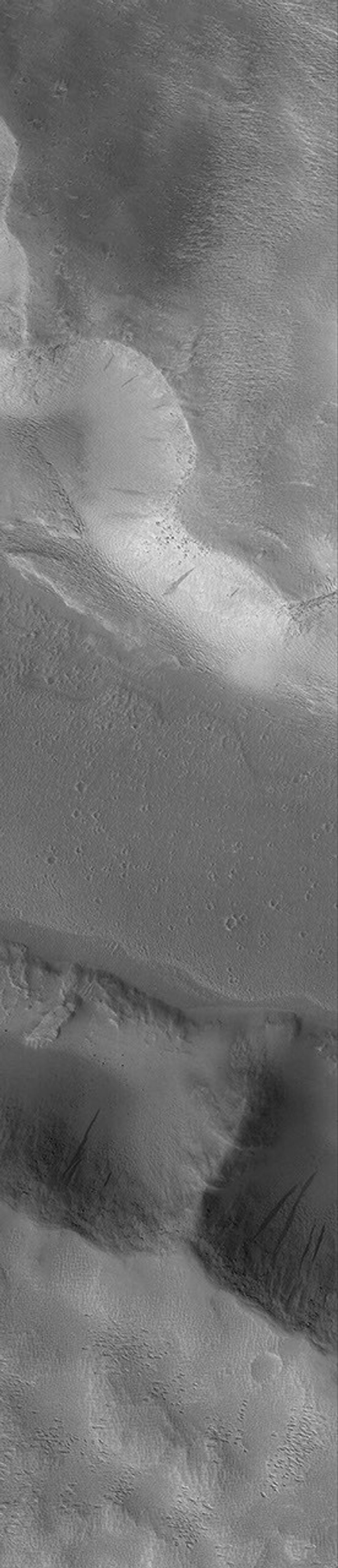 NASA's Mars Global Surveyor shows the walls and floor of a valley in the western Memnonia region of Mars. The finely-textured ridges and pits found on the valley walls and upland outside of the valley were formed by wind erosion.