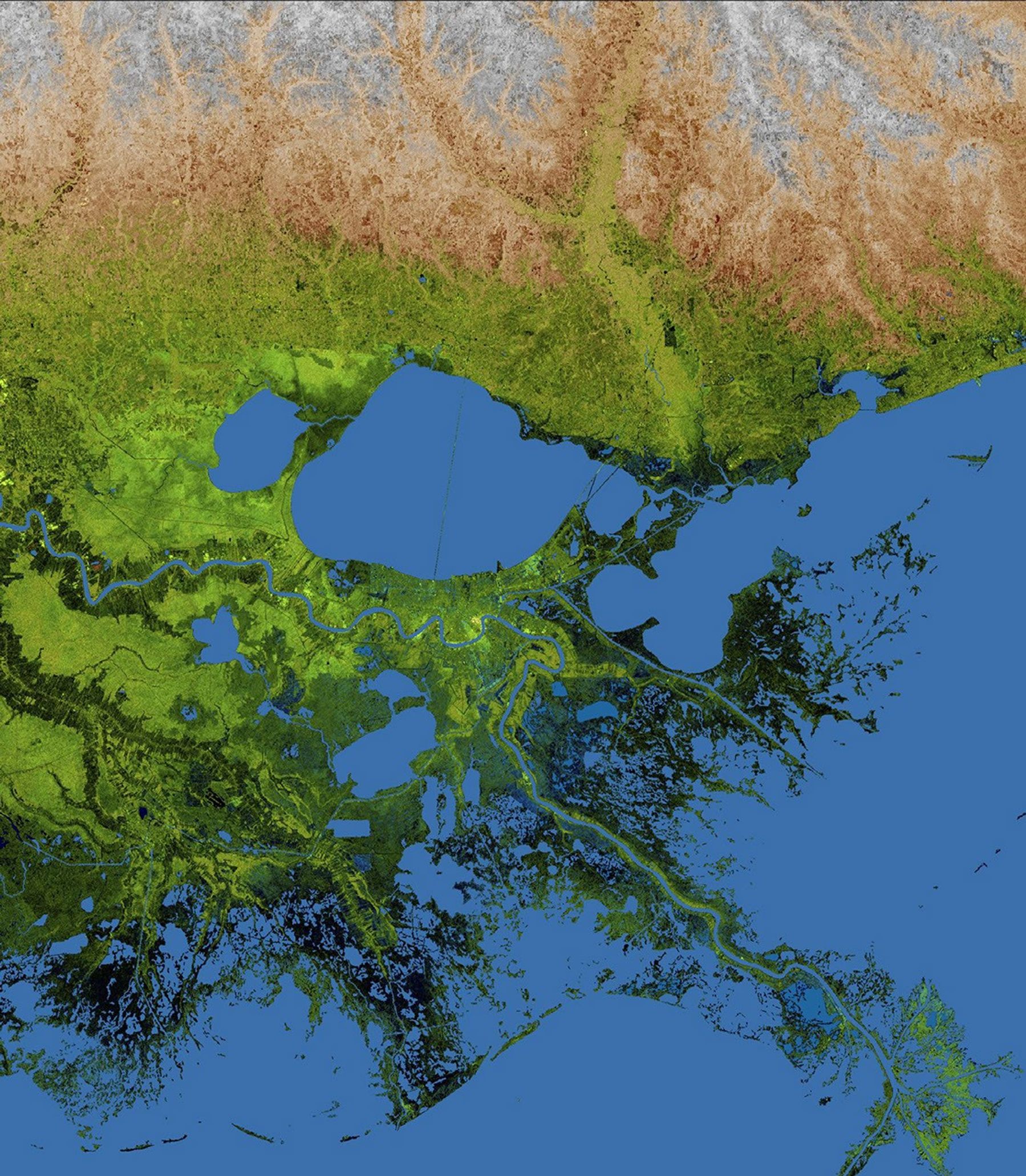 The geography of the New Orleans and Mississippi delta region is well shown in this radar image from NASA's Shuttle Radar Topography Mission. In this image, bright areas show regions of high radar reflectivity, such as from urban areas.