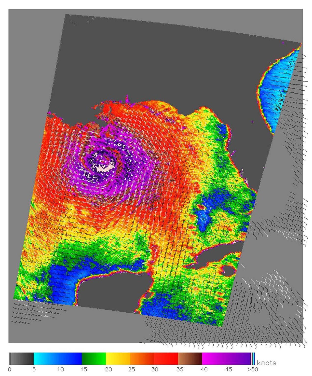 Nearly the whole of the Gulf of Mexico was churning with the powerful winds and rains of Hurricane Katrina on August 28, 2005, when NASA's QuikScat satellite captured this image.