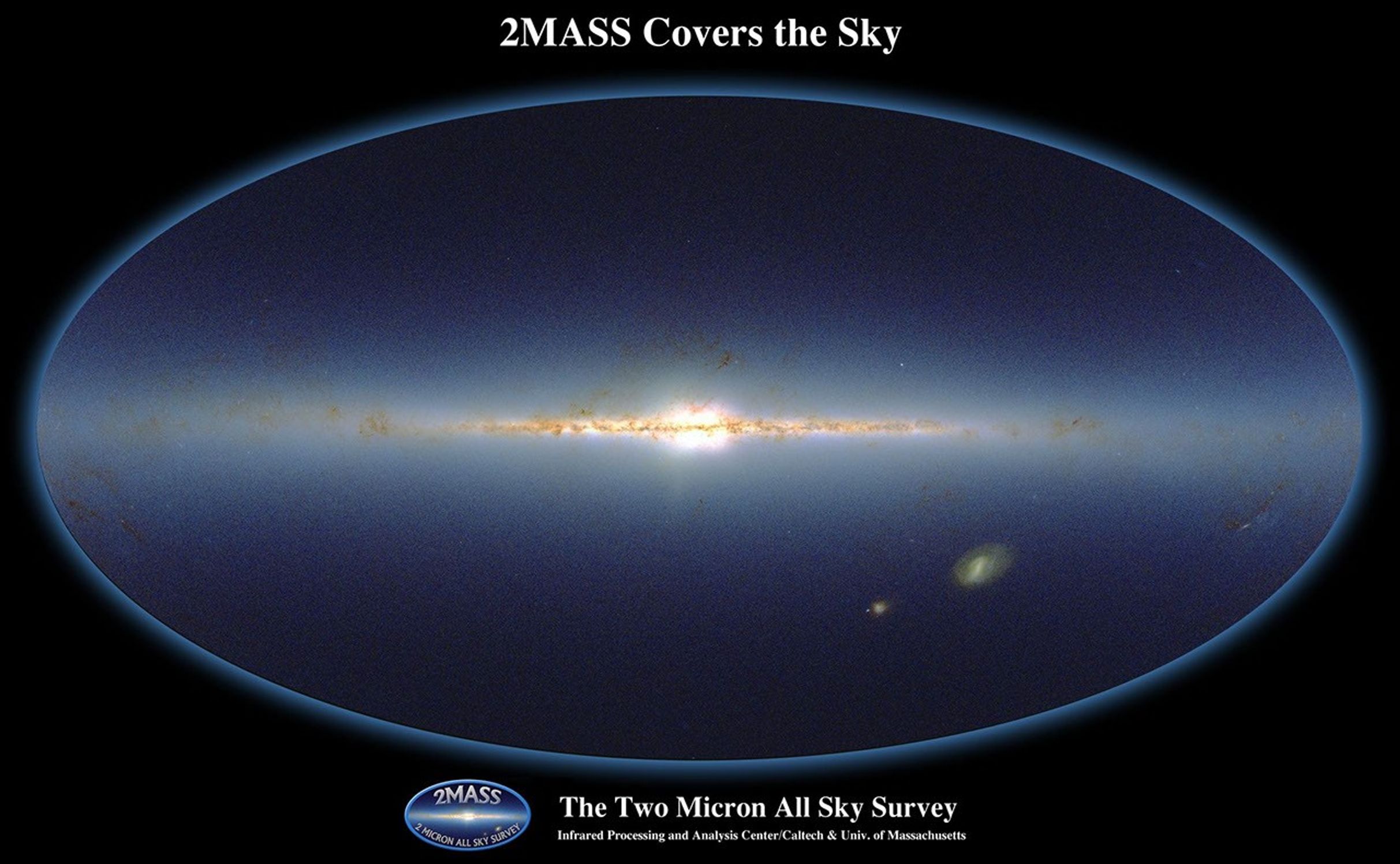 Aitoff projection of the three-color composite JHKs source count map of the entire sky, based on 95,851,173 stars with Ks 13.5. What appears most prominently are the Galactic plane and the Galactic bulge.