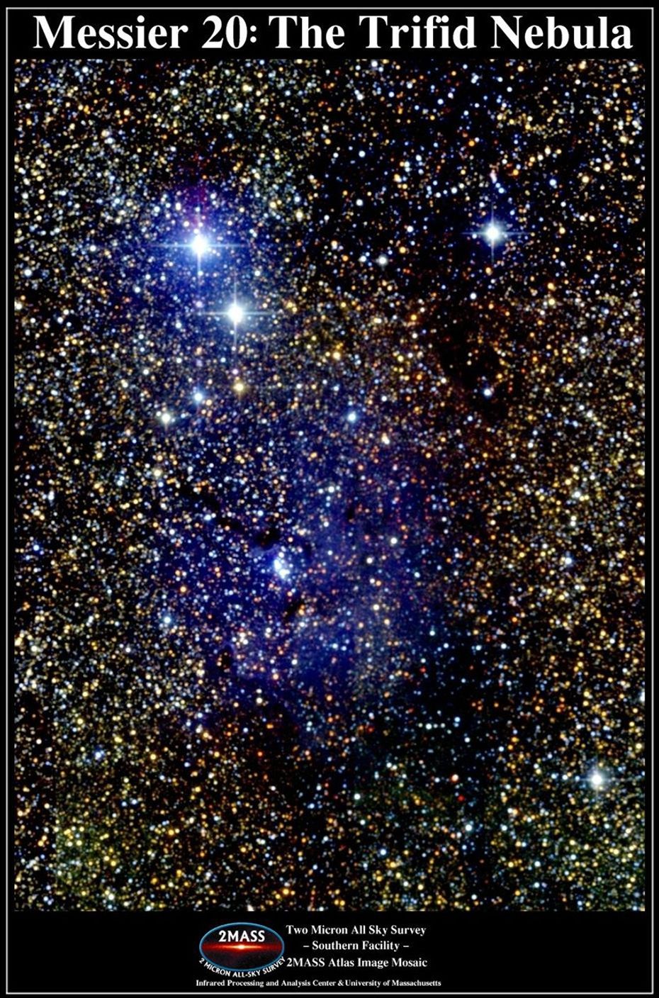 Atlas Image mosaic, covering 14.8' x 20.0' on the sky, of the Trifid Nebula, aka Messier 20 and NGC 6514. The Trifid is only about 1.5 degrees northwest on the sky of the larger Lagoon Nebula (Messier 8) in the constellation Sagittarius