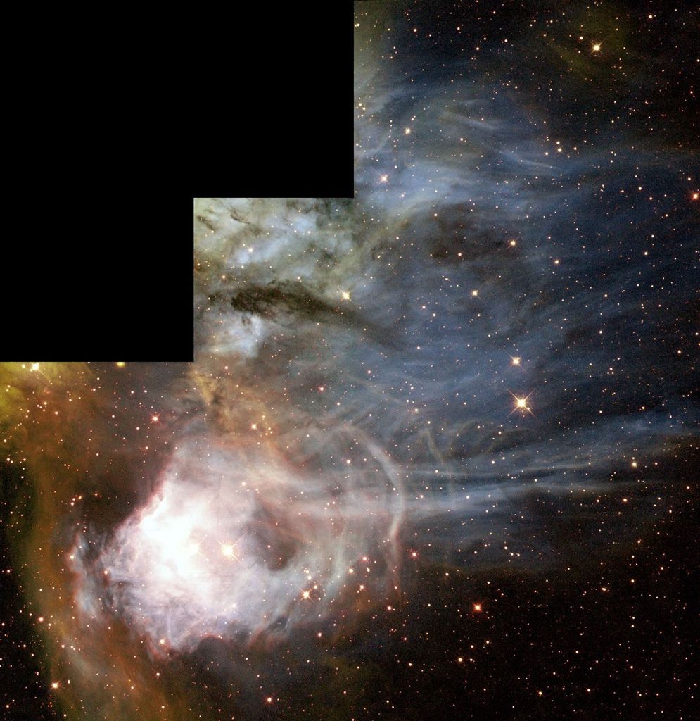 In the lower-left, a cloud of white gas, lined out the outside with red, surrounds a glowing star at the center. Streams of glass flow in a flame shape from the left to the right: yellow-orange on the far left, and more blue and pale green near the center. The image is missing a "stair-step" portion in the upper-left, so it appears plain black.