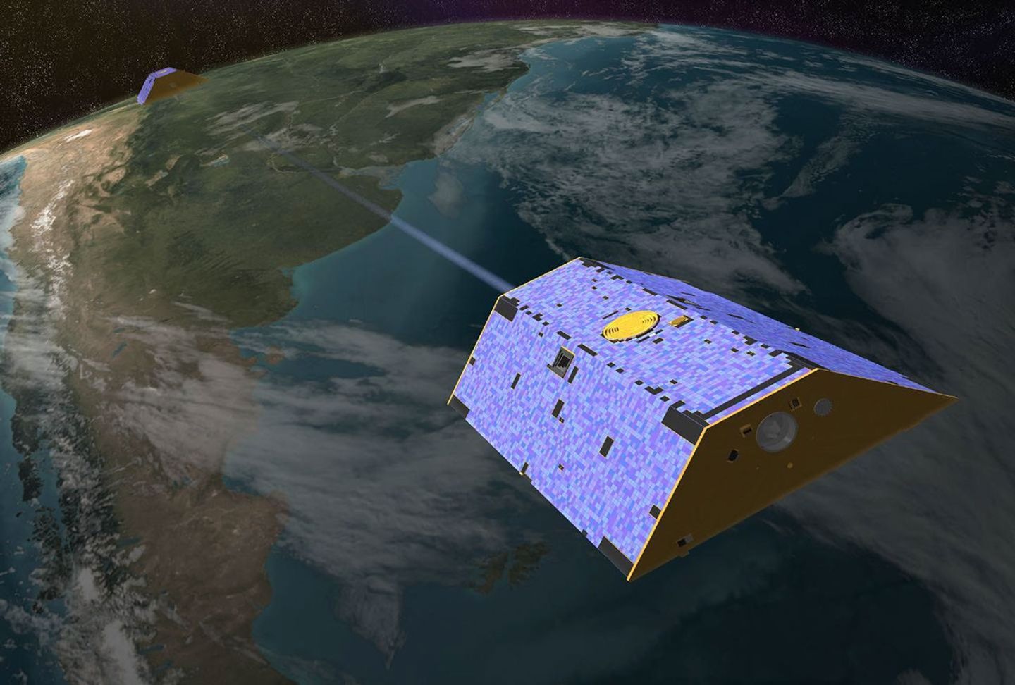 Illustration of the twin Gravity Recovery and Climate Experiment (GRACE) satellites in orbit.