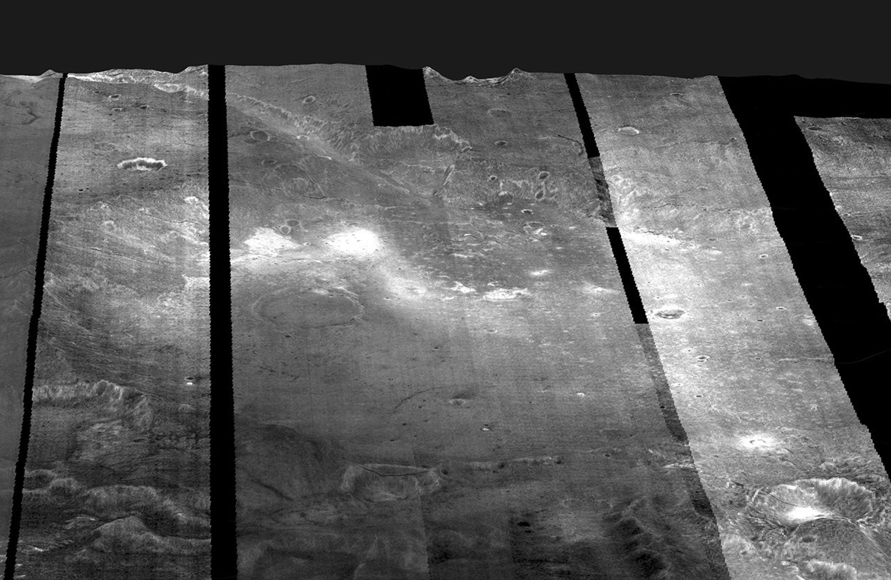 Images from NASA's Mars Odyssey spacecraft were used to create this mosaic of nighttime infrared images of Gusev Crater, which has been draped over topography data obtained by NASA's Mars Global Surveyor.