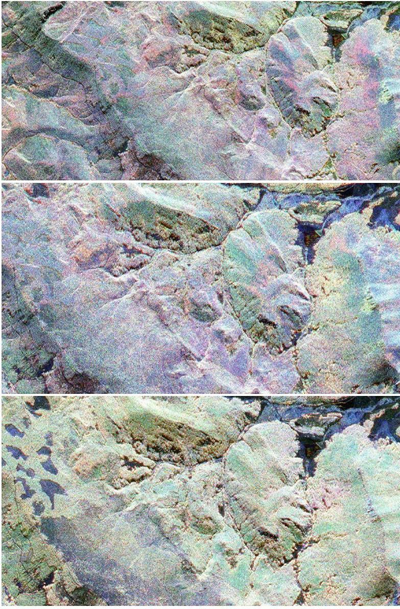 This sequence of three images in northern Colorado, taken by NASA's Airborne Synthetic Aperture Radar in 2002, shows Fraser, Colorado, before snowfall, the morning after snow, and after the snow melted.
