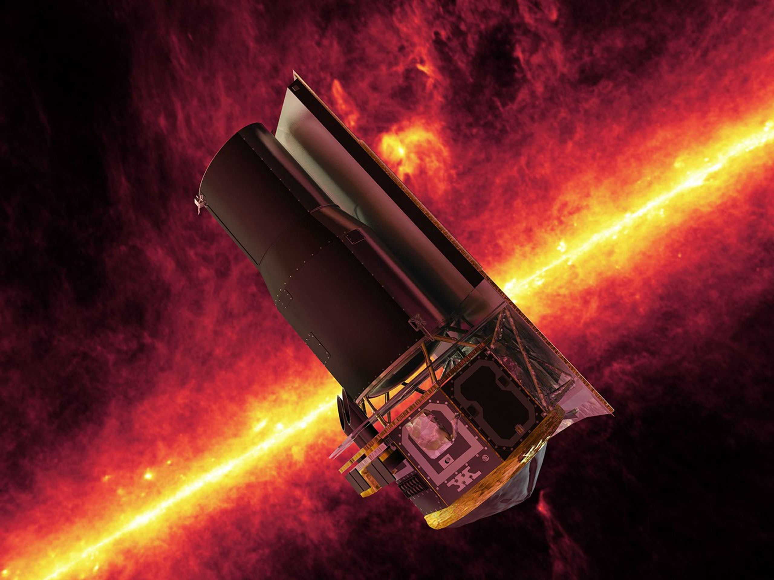 NASA's Spitzer Space Telescope whizzes in front of a brilliant, infrared view of the Milky Way galaxy's plane in this artistic depiction.