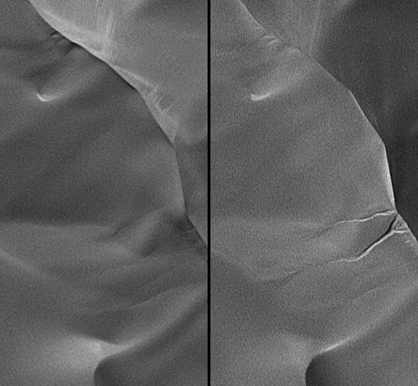 This image from NASA's Mars Global Surveyor shows a gully on a dune in an unnamed crater in the Hellespontus region of Mars, west of the Hellas Basin.