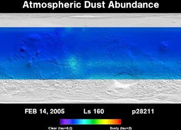 NASA's Mars Global Surveyor shows the daily abundance of dust in the martian atmosphere over a period of three full martian years, from April 1999 through February 2005.