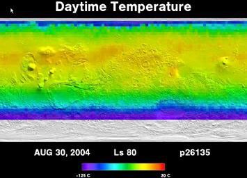 NASA's Mars Global Surveyor shows temperatures outlining the growth and retreat of the martian northern and southern polar ice caps. The caps grow in winter and are composed of carbon dioxide ice.