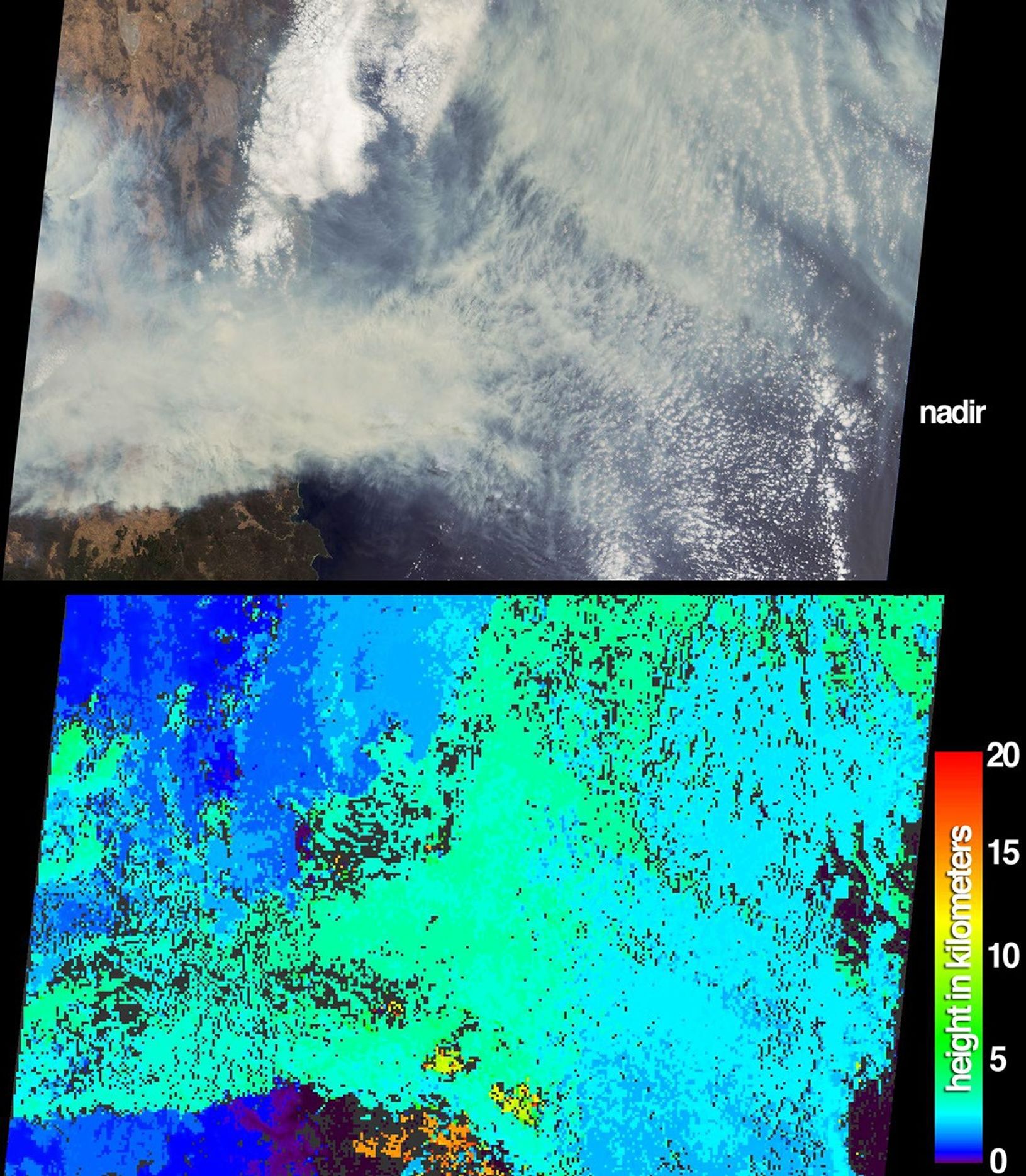 The height and extent of billowing smoke plumes from bushfires near Canberra, the Australian capital, are illustrated by these views from NASA's Terra spacecraft acquired on January 18, 2003.