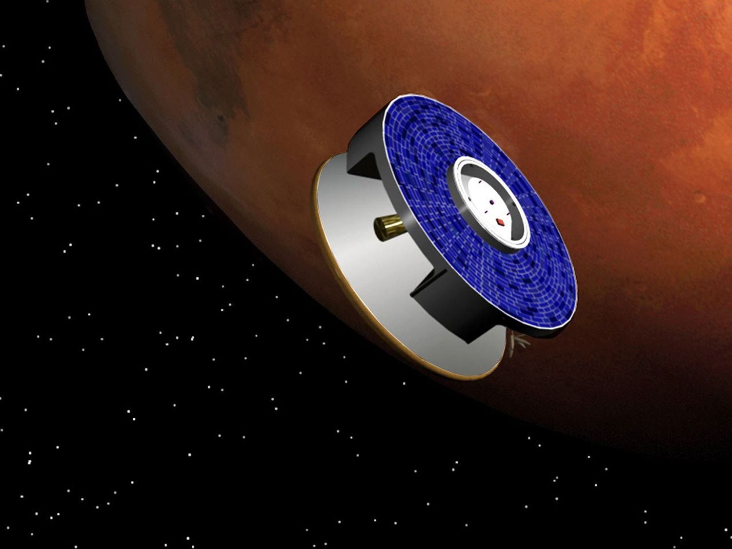 This artist rendering depicts NASA's Pathfinder spacecraft nearing it's target Mars prior to it's July 4th 1997 landing on the red planet.