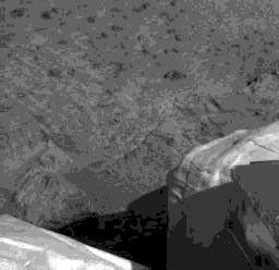 This is the first image captured by NASA's Imager for Mars Pathfinder (IMP) that dedicates a significant portion of the frame to the Martian surface. This image was acquired by IMP at 8:48 MLST sol 1.