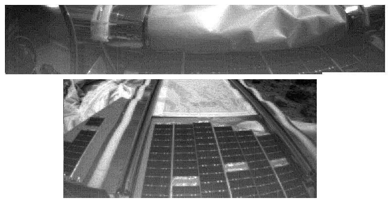 These images are views of NASA's Mars Pathfinder Lander's forward ramp before (top image) and after (bottom image) deployment. Some data from the before image was lost due to rover-lander communication problems. Sol 1 began on July 4, 1997.