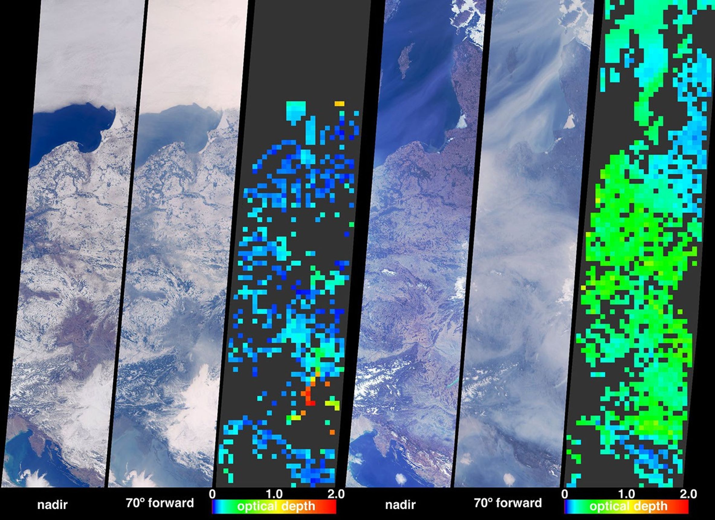 During the last weeks of March 2003, unusually high and widespread aerosol pollution was detected over Europe by several satellite-borne instruments aboard NASA's Terra satellite.