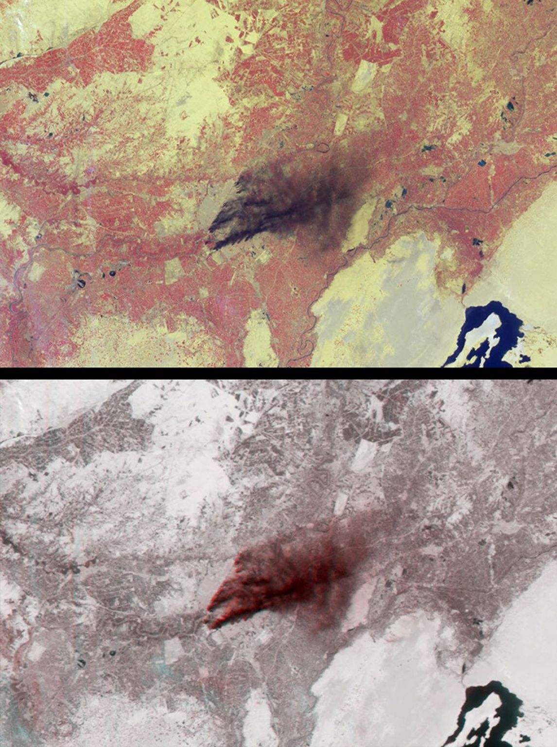 Dark smoke from oil fires extend for about 60 kilometers south of Iraq's capital city of Baghdad in this anaglyph acquired by the MISR instrument aboard NASA's Terra spacecraft on April 2, 2003. 3D glasses are necessary to view this image.