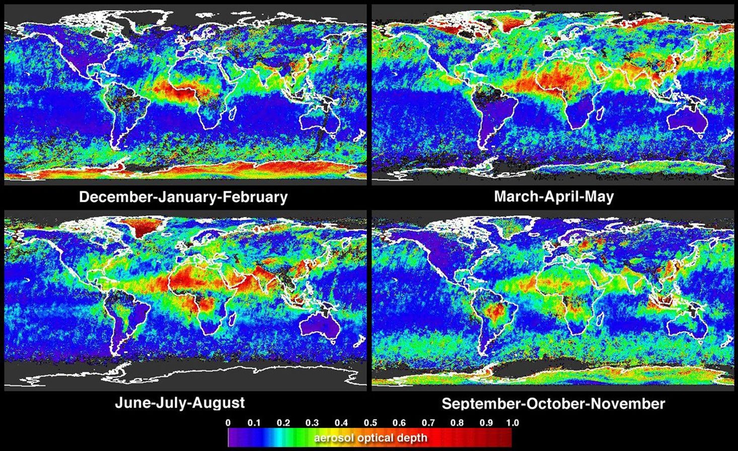 Global summaries of aerosol optical thickness from NASA's Terra spacecraft.