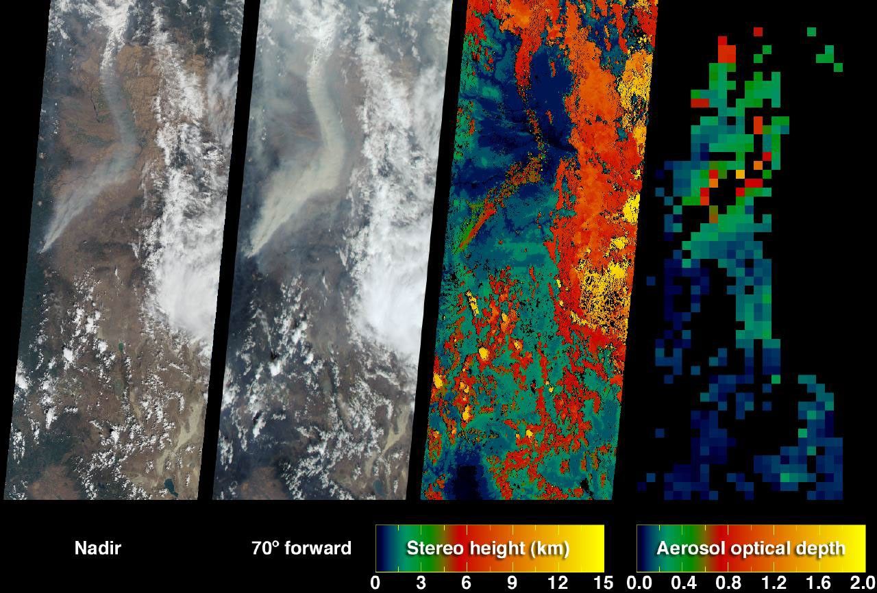 The extent, height, and amount of smoke originating from the B&B Complex Fires in central Oregon are captured in these September 4, 2003 views from NASA's Terra spacecraft.