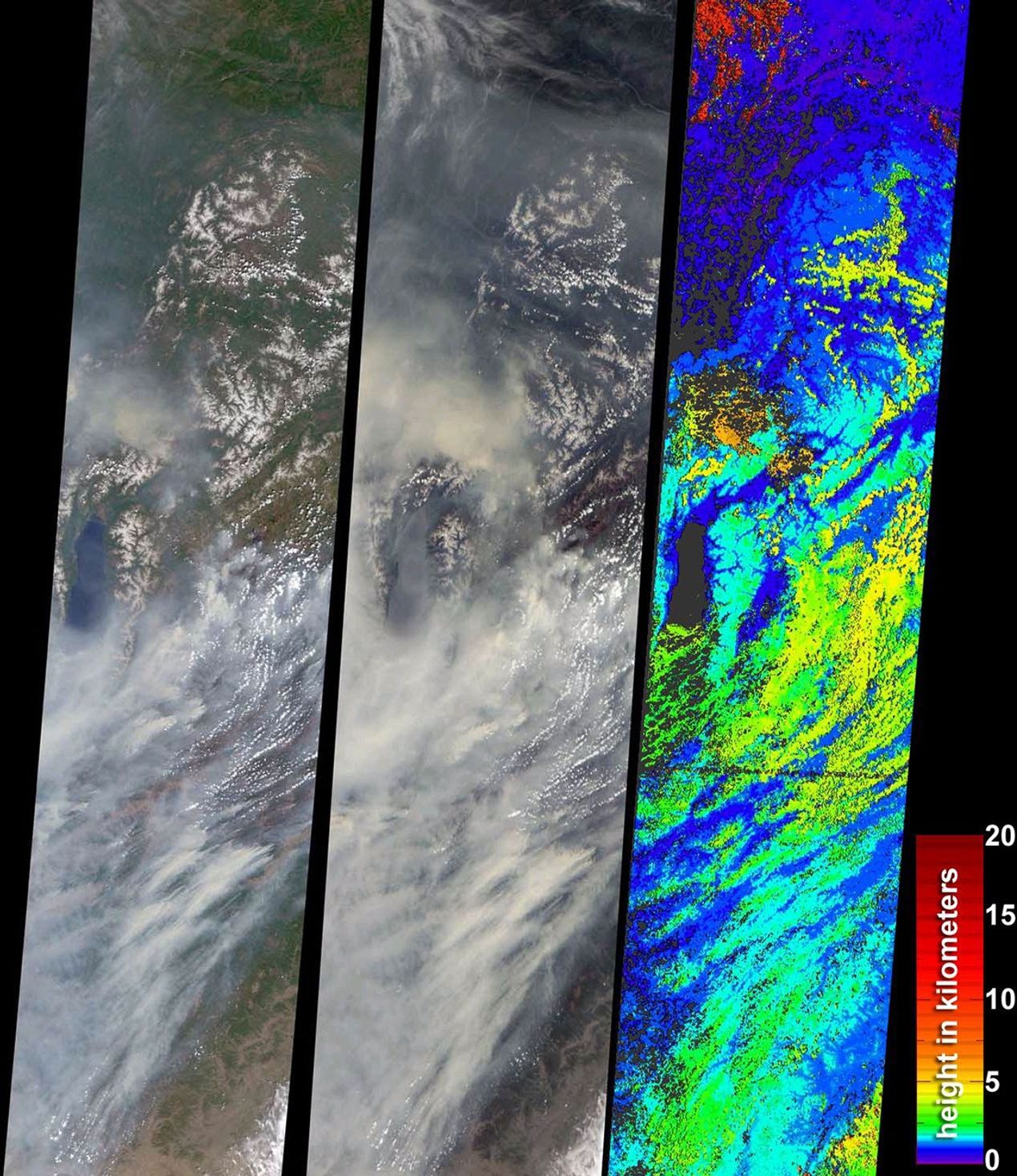 During the 2003 fire season, blazes in the taiga forests of Eastern Siberia were part of a vast network of fires across Siberia and the Russian Far East, northeast China and northern Mongolia seen here by NASA's Terra spacecraft.