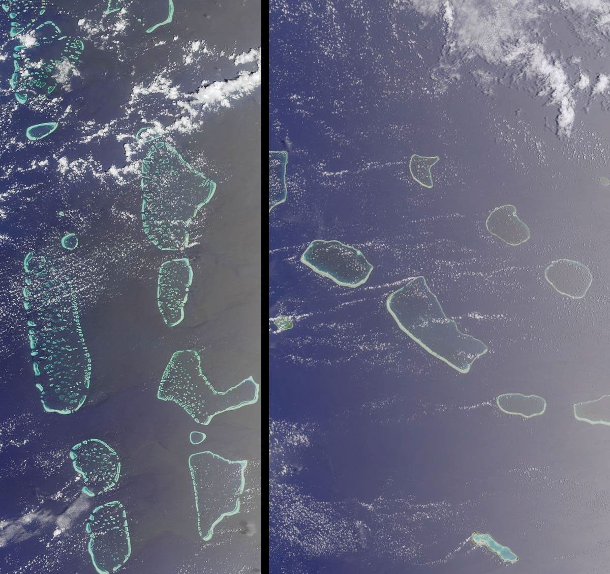Maldives in the Indian Ocean and Tuamotu, French Polynesia is shown in this MISR Mystery Quiz #16 captured by NASA's Terra spacecraft.