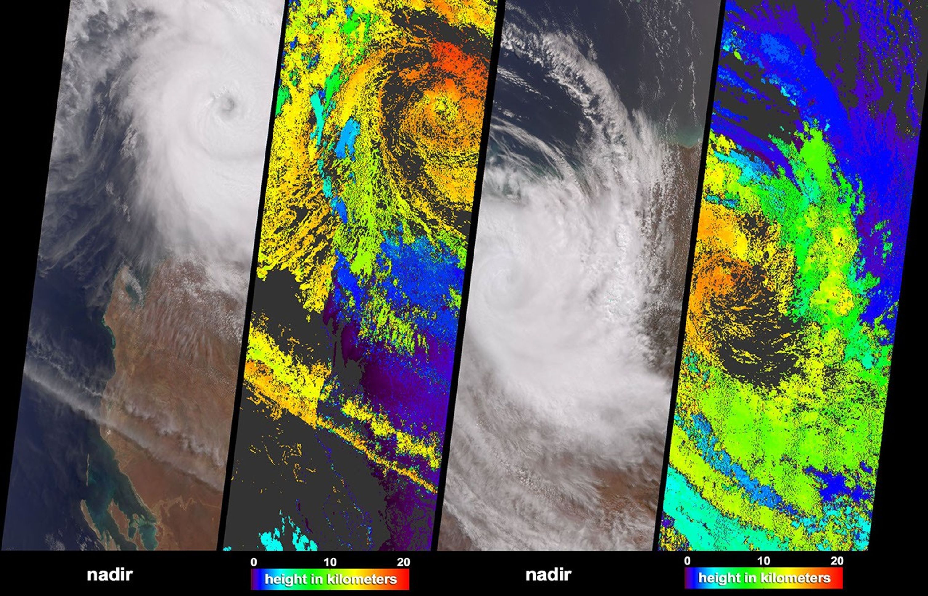 NASA's Terra spacecraft acquired these natural color images and cloud top height measurements for Monty before and after the storm made landfall over the remote Pilbara region of Western Australia, on February 29 and March 2, 2004.