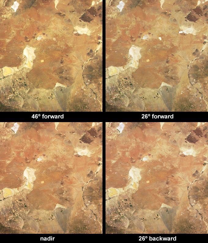 These images, from 8 April 2003 show that depending upon the position of the Sun, the solar power stations in California's Mohave Desert can reflect solar energy from their large, mirror-like surfaces directly toward one of NASA's Terra cameras.