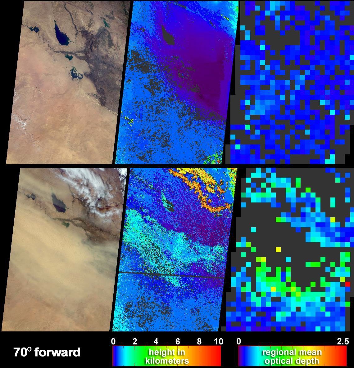 Clear skies on April 11, 2004 (top panels) contrast strongly with the dust storm that swept across Iraq and Saudi Arabia on May 13 (bottom panels) as seen by NASA's Terra spacecraft.