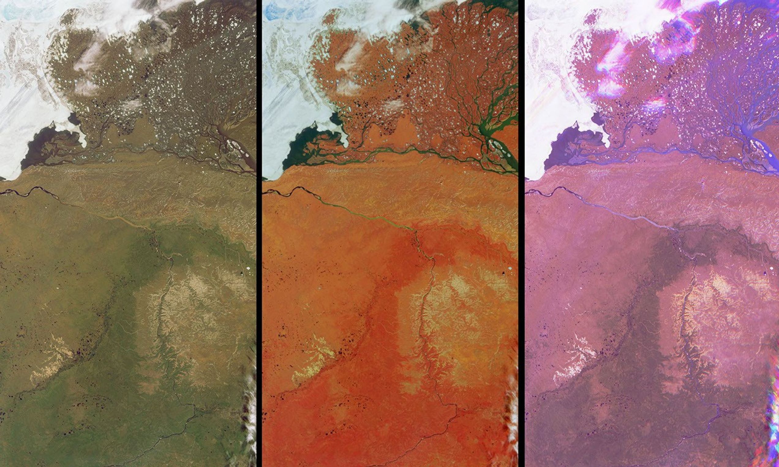 These views of the Russian Arctic were acquired by NASA's Terra spacecraft on July 11, 2004, when the brief arctic summer had transformed the frozen tundra and the thousands of lakes, channels, and rivers of the Lena Delta into a fertile wetland.