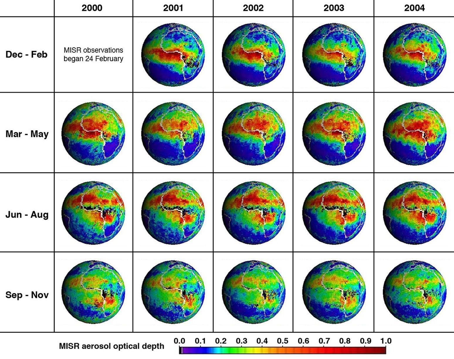 These 19 global panels show the %-year seasonal-average distribution of atmospheric aerosol amount across Africa and the Atlantic Ocean from data captured by NASA's Terra spacecraft.