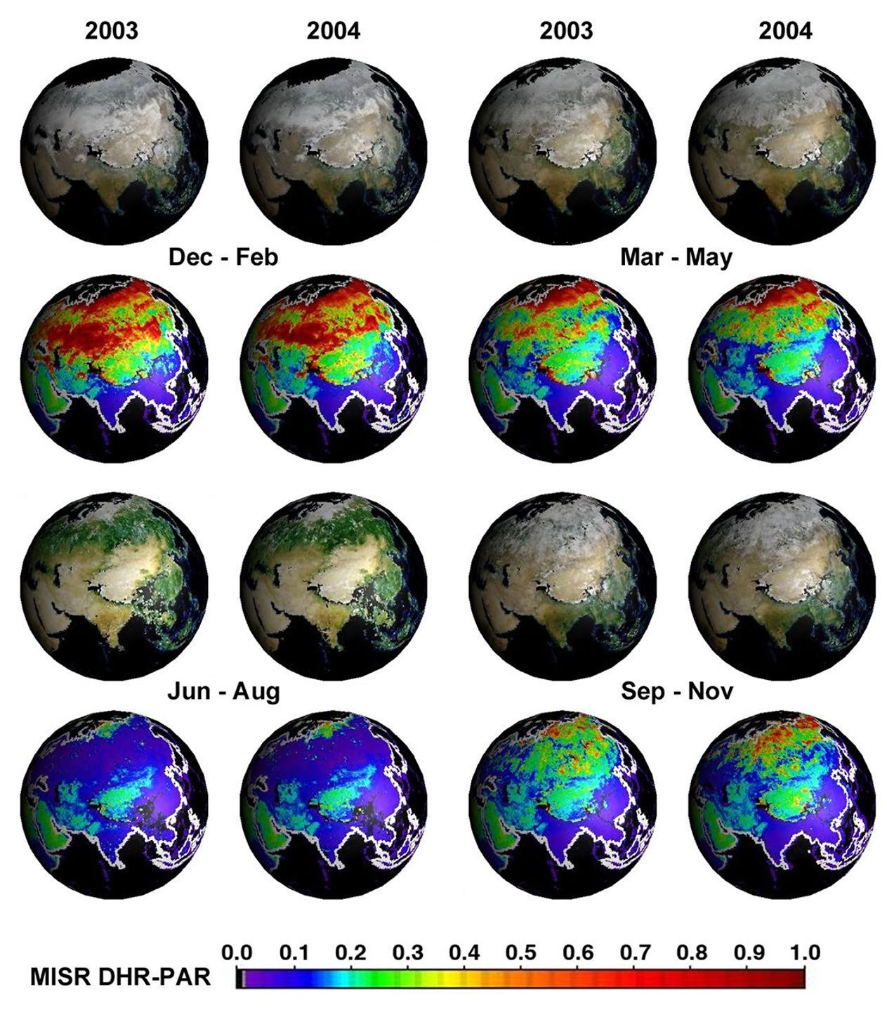 Seasonal changes in Earth's surface albedo over a 5-year period are seen in these image summary maps from NASA's Terra spacecraft.