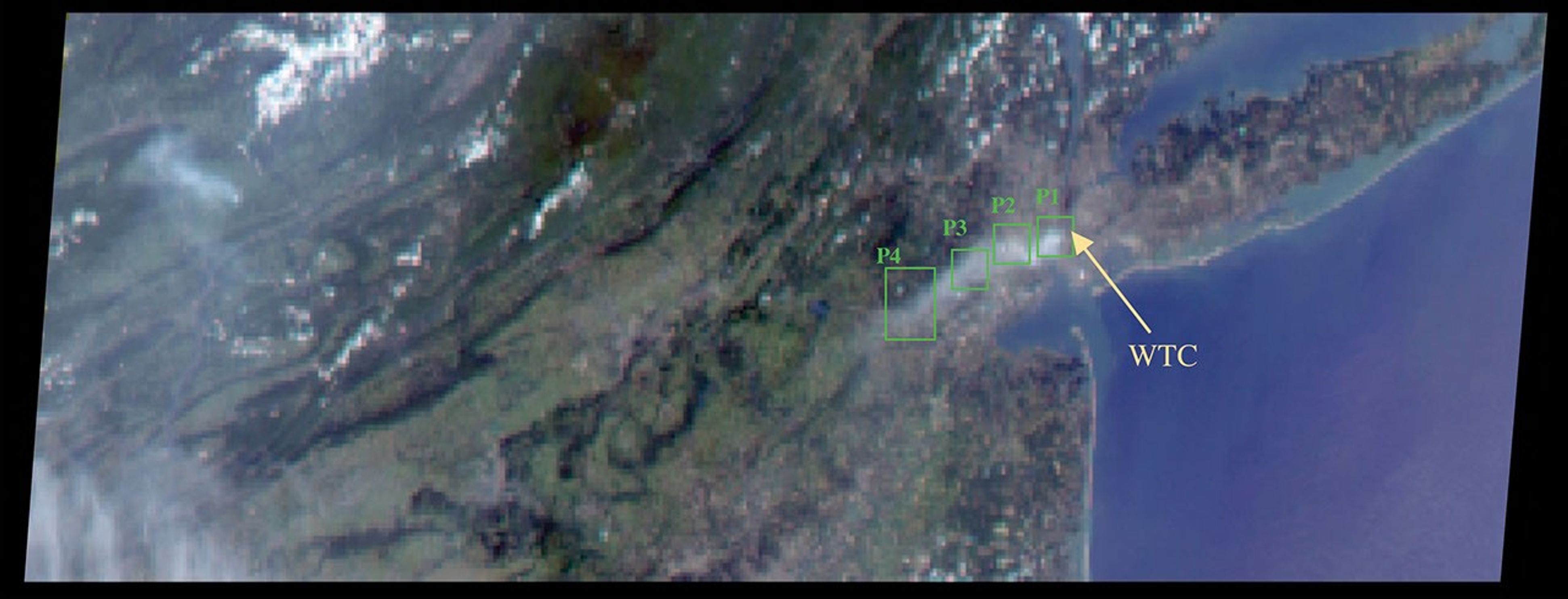 The collapse of the World Trade Center on September 11, 2001, and the fires that followed produced a noxious smoke plume, a complex mixture of tiny airborne particles and gases as seen by NASA's Terra spacecraft.