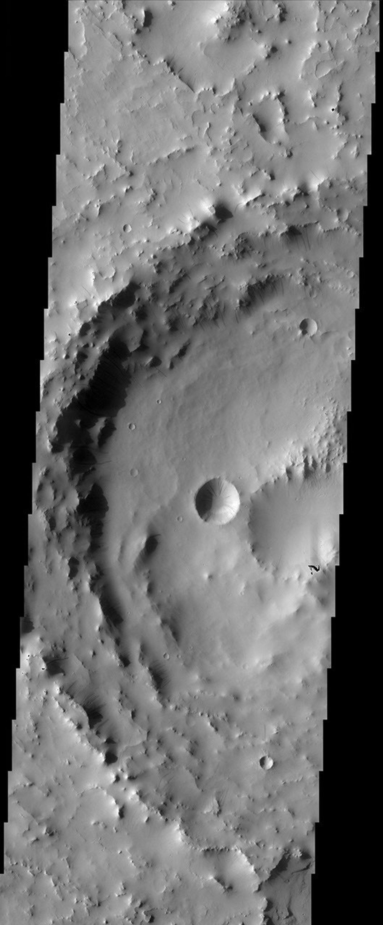 Accumulations of thick dust give way down slopes, crater walls, and other steep terrain in this image from NASA's Mars Odyssey, leaving the dark streaks that are common in the dusty region of Arabia Terra.