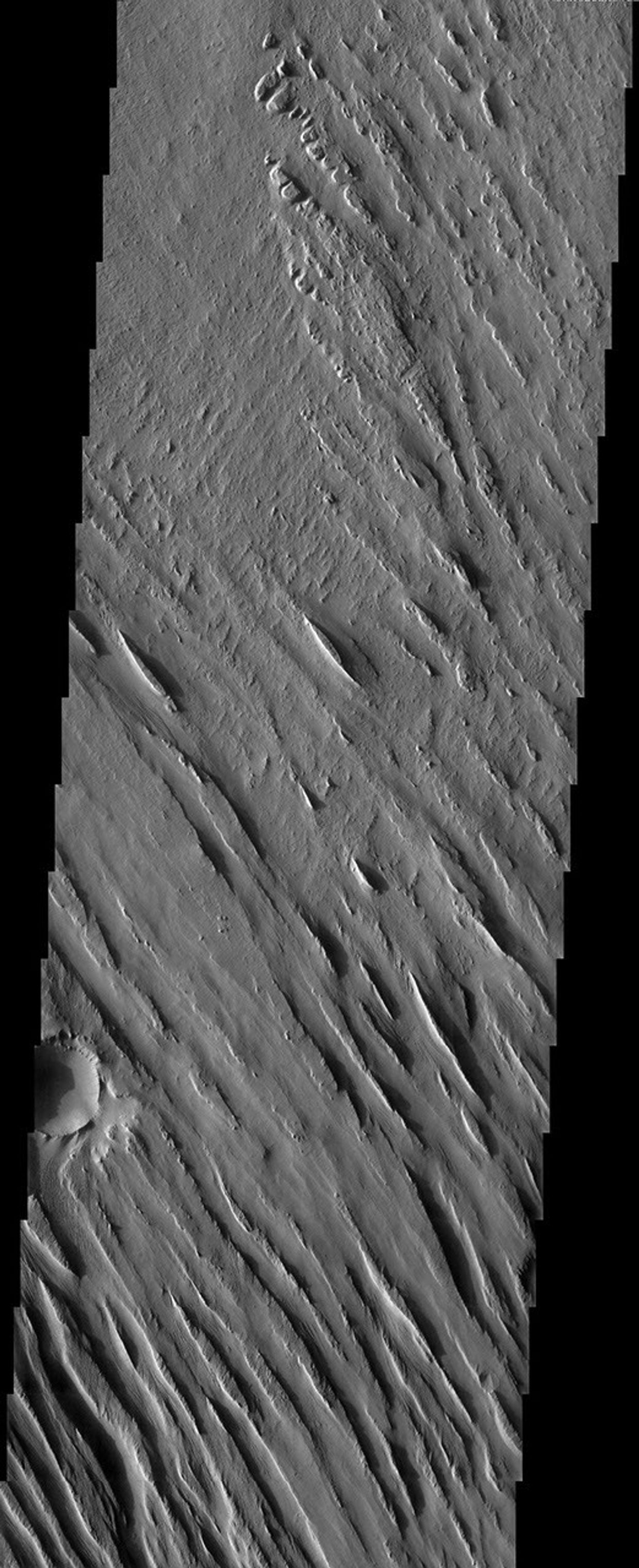 The Medusae Fossae formation, seen in this NASA Mars Odyssey image, is an enigmatic pile of eroding sediments that spans over 5,000 km (3,107 miles) in discontinuous masses along the Martian equator.