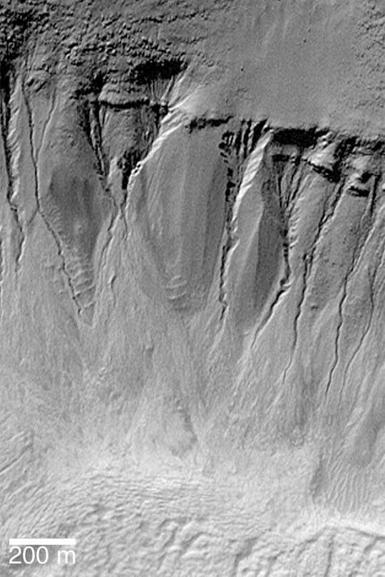 NASA's Mars Global Surveyor shows craters and troughs at polar and middle latitudes on Mars with gullies carved in their walls.