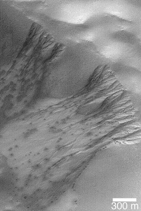 NASA's Mars Global Surveyor shows frost-covered gullies in a crater in the martian southern hemisphere. The dark spots are areas where the frost has begun to change or sublime away.