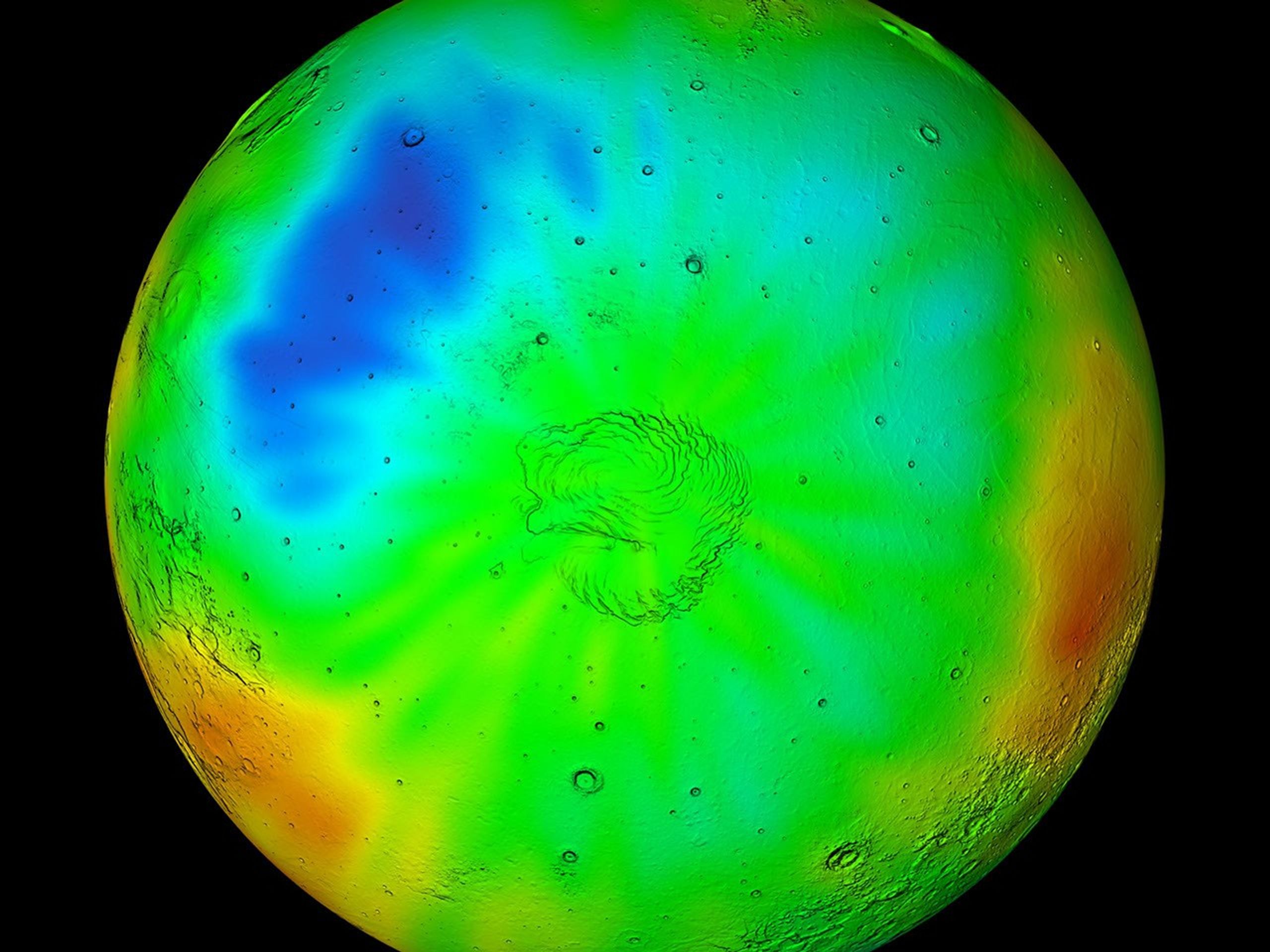 Observations by NASA's 2001 Mars Odyssey spacecraft show a summertime view of the north polar region of Mars in intermediate-energy, or epithermal, neutrons.
