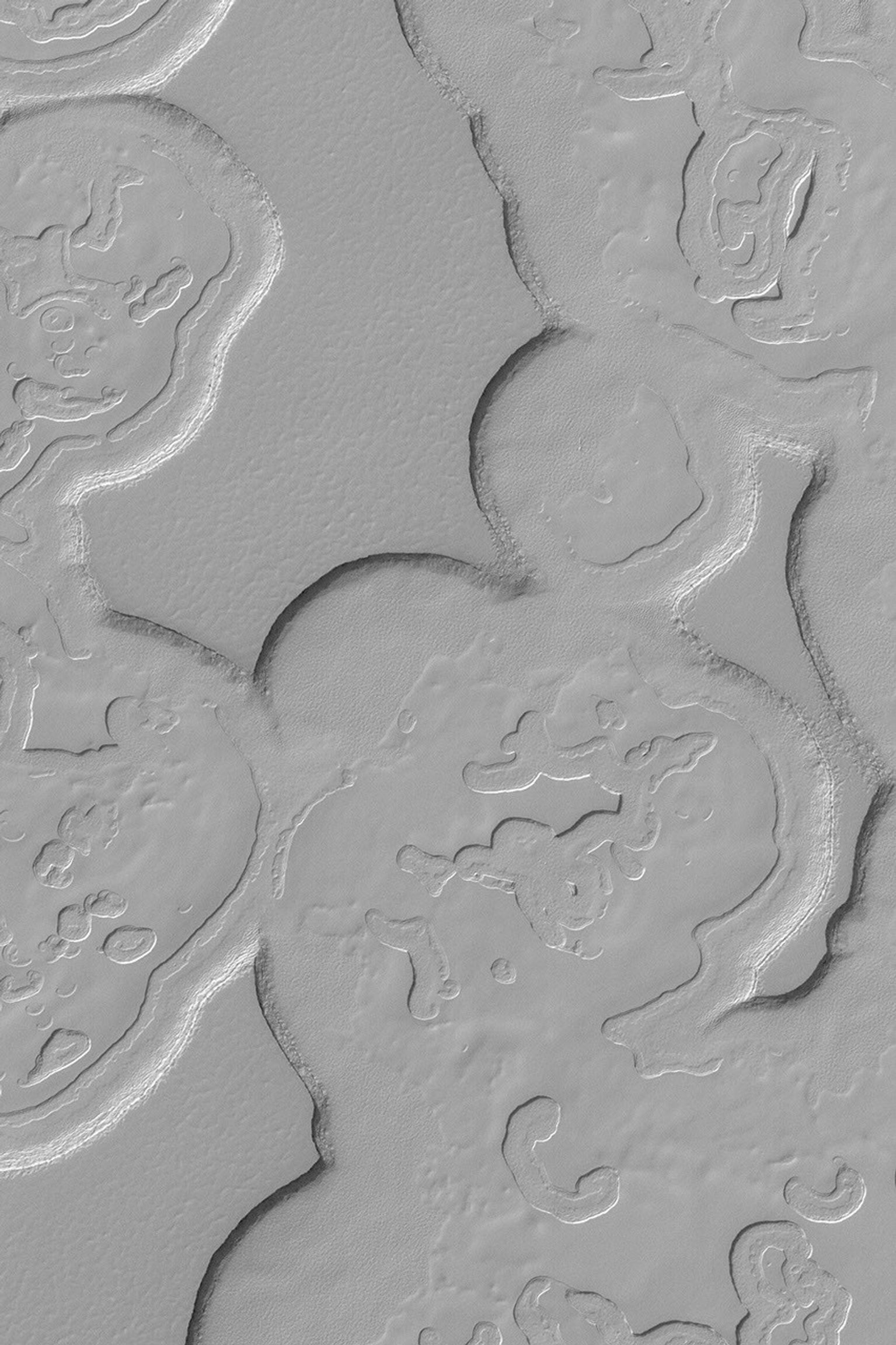 This image from NASA's Mars Global Surveyor shows image shows some of the scarps, mesas, and circular depressions of the south polar residual cap. These landforms are created in material consisting largely of frozen carbon dioxide.