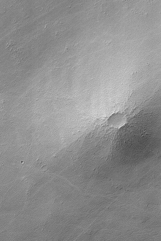 This image from NASA's Mars Global Surveyor shows a volcano and surrounding terrain on Mars that have been thickly mantled by dust which had subsequently been eroded so that it appears textured rather than smooth.
