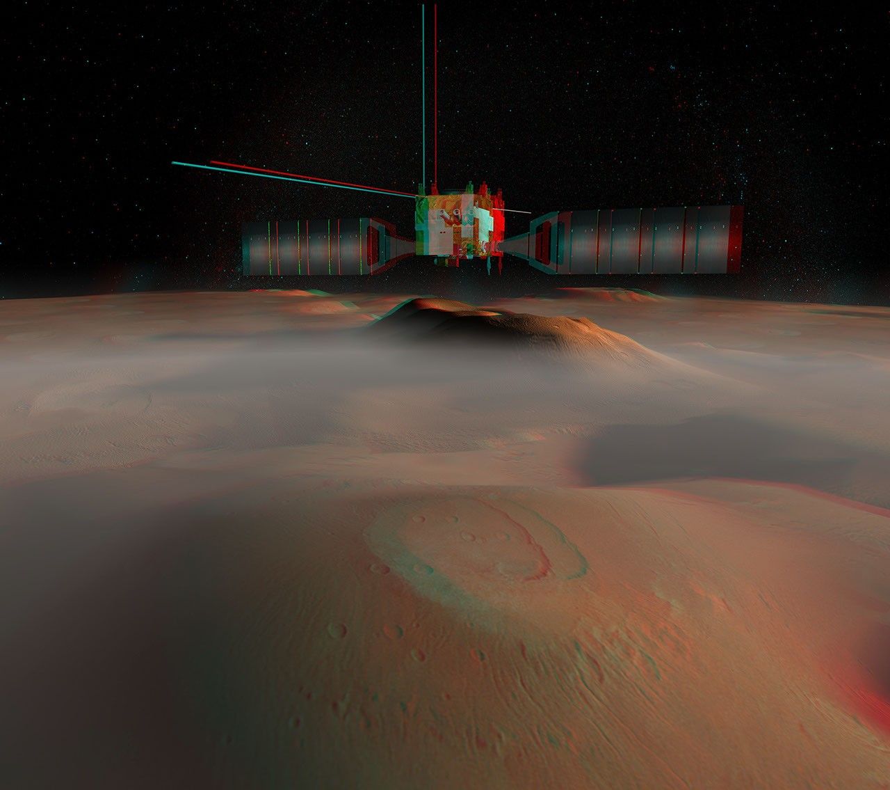 The European Space Agency's Mars Express spacecraft is depicted in orbit around Mars in this artist's concept stereo illustration. 3D glasses are necessary to view this image.