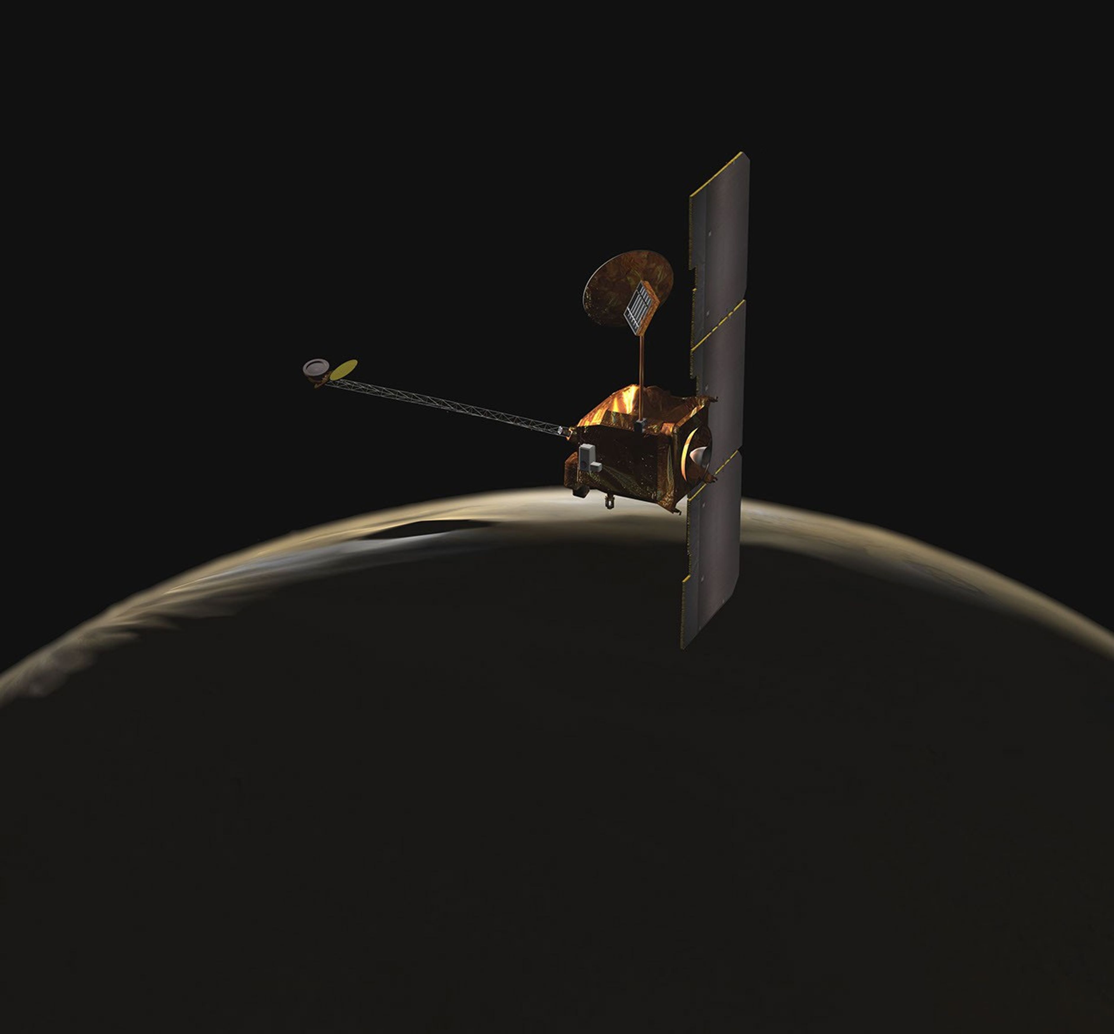 NASA's Mars Odyssey spacecraft passes above Mars' south pole in this artist's concept illustration. The spacecraft has been orbiting Mars since October 24, 2001.