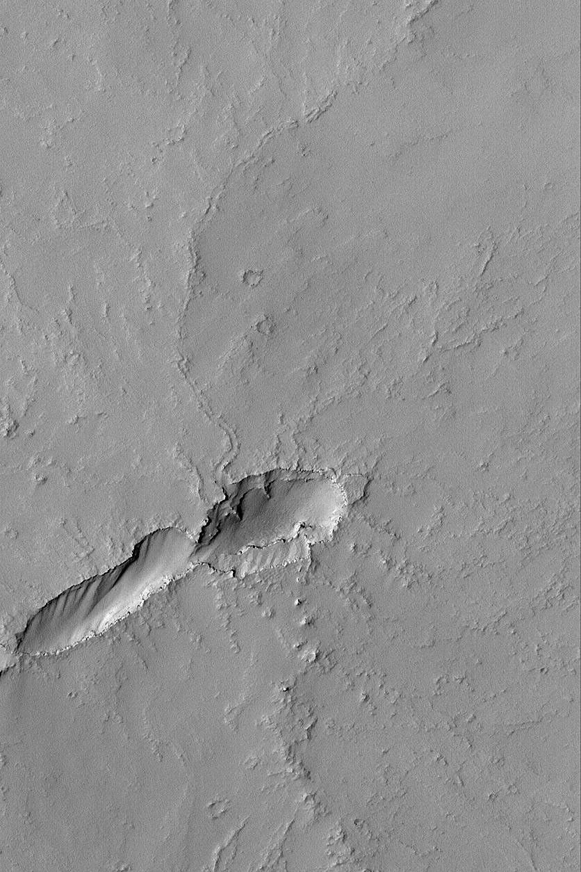 NASA's Mars Global Surveyor shows volcanic plains to the east, southeast, and south of the giant Tharsis volcano, Pavonis Mons on Mars, dotted by dozens of small volcanoes.