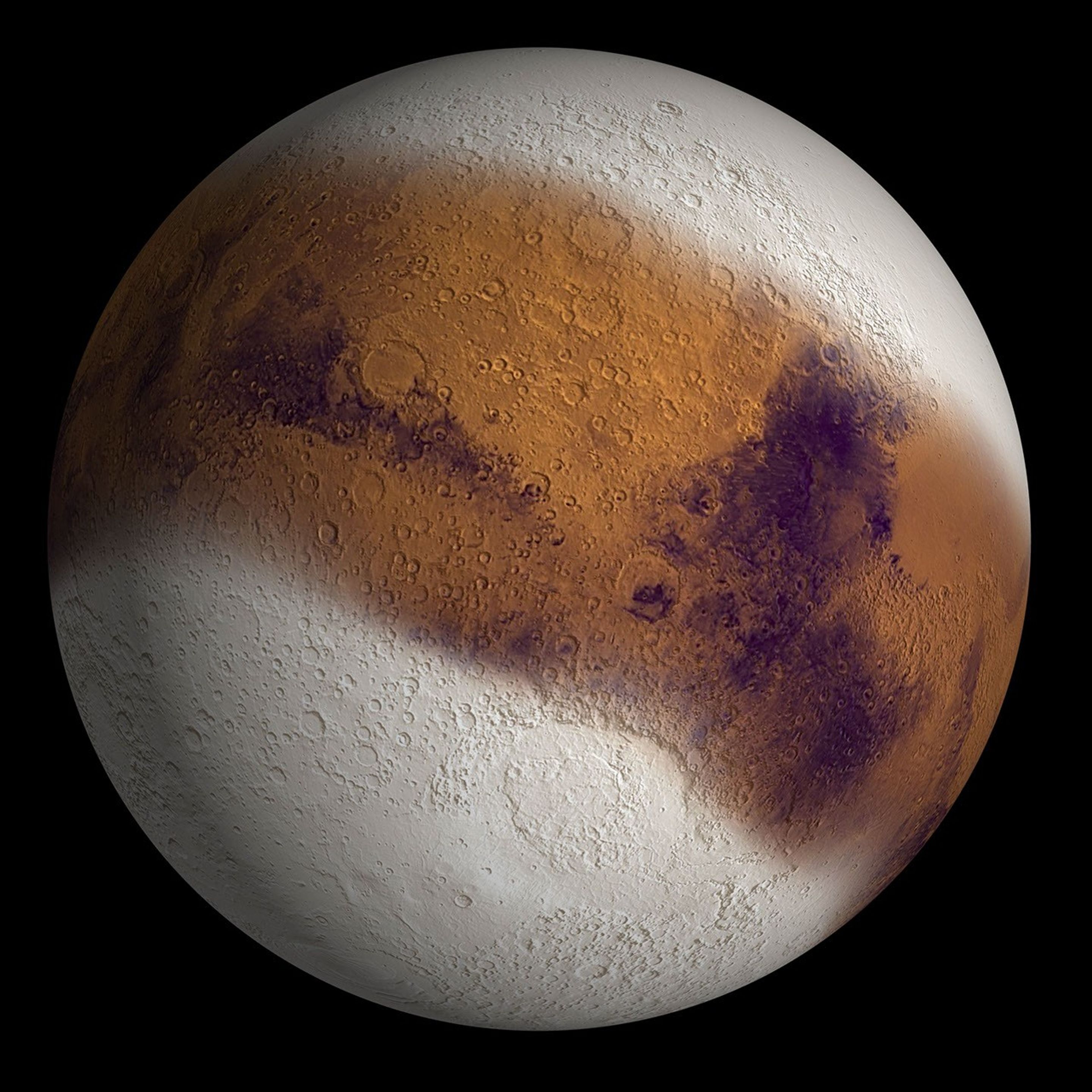 This simulated view shows Mars as it might have appeared during the height of a possible ice age in geologically recent time.