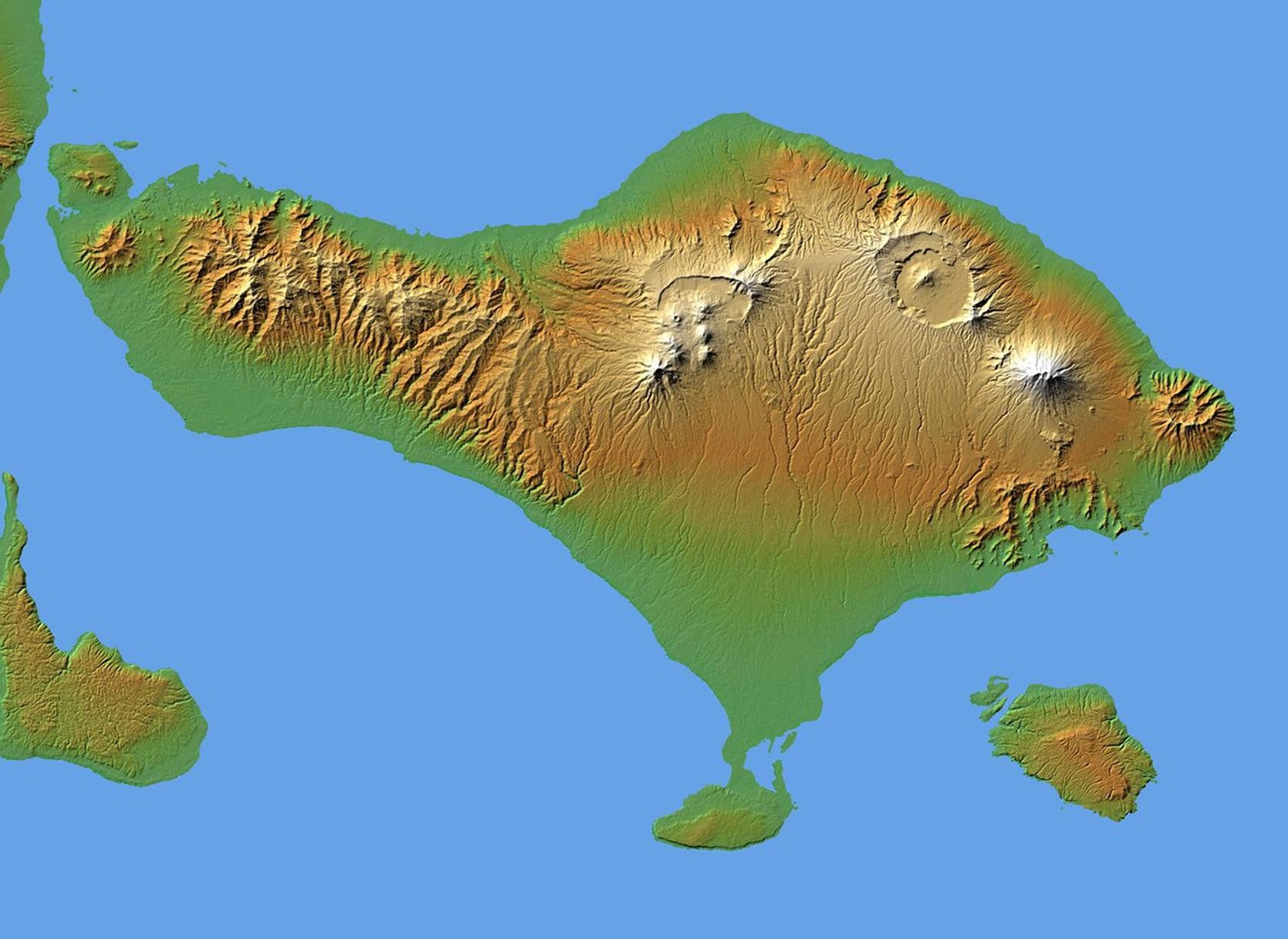 The volcanic nature of the island of Bali is evident in this shaded relief image generated with data from NASA's Shuttle Radar Topography Mission.