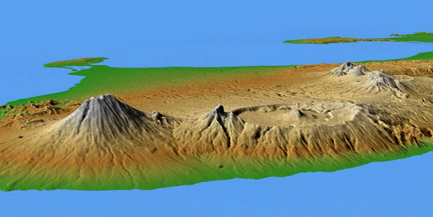 This perspective view shows the major volcanic group of Bali, one 13,000 islands comprising the nation of Indonesia as seen by NASA's Shuttle Radar Topography Mission.
